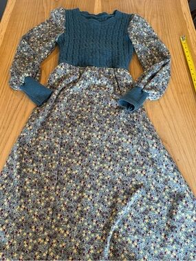 Vintage Teal Knit Bodice Floral Dress